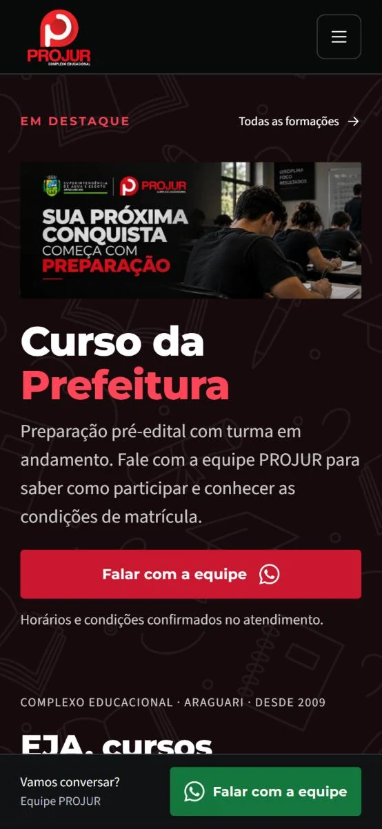 Página inicial do site da PROJUR no celular